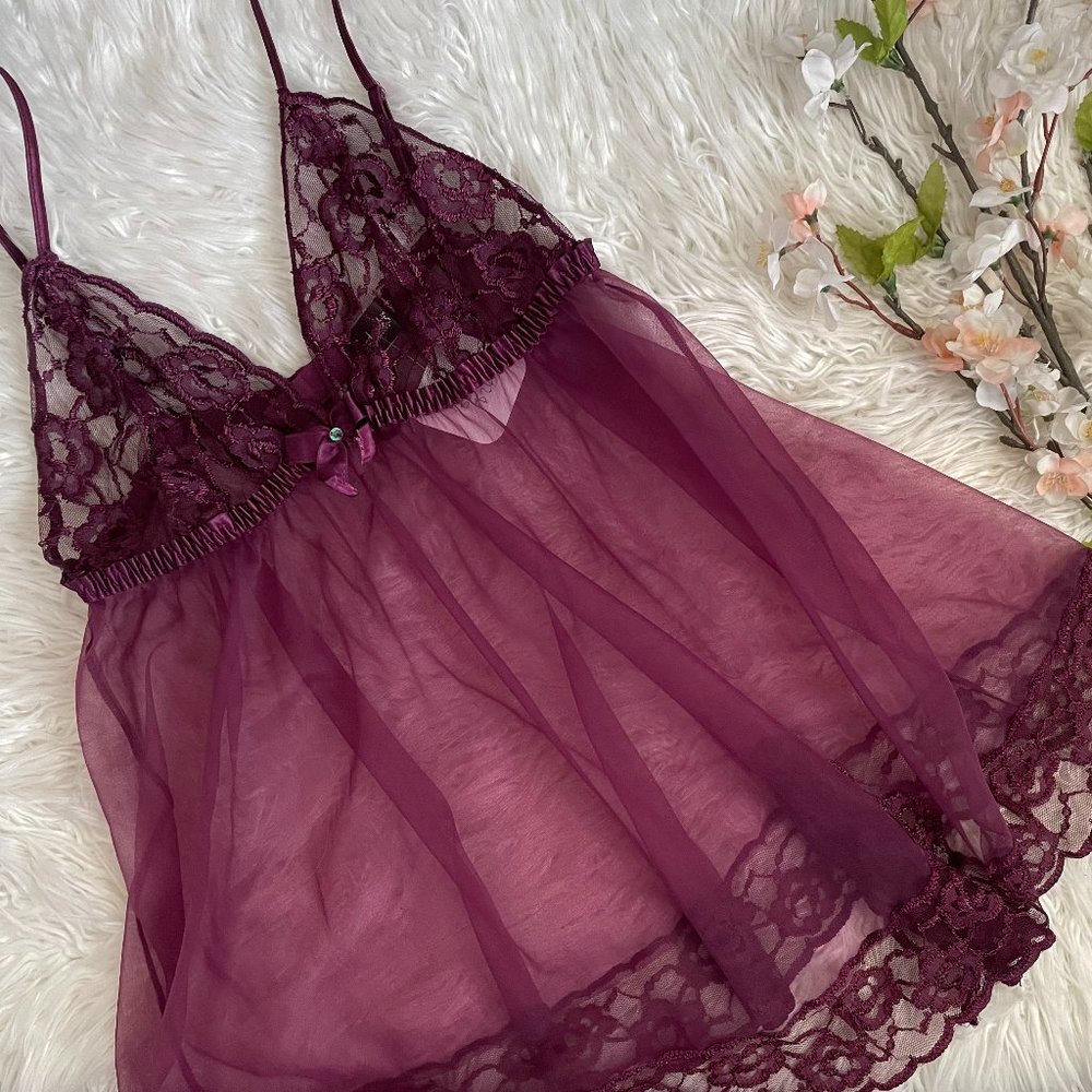 🥀 SOLD 🥀 y2k Frederick's of Hollywood Sheer Lace Purple Babydoll Top Cami